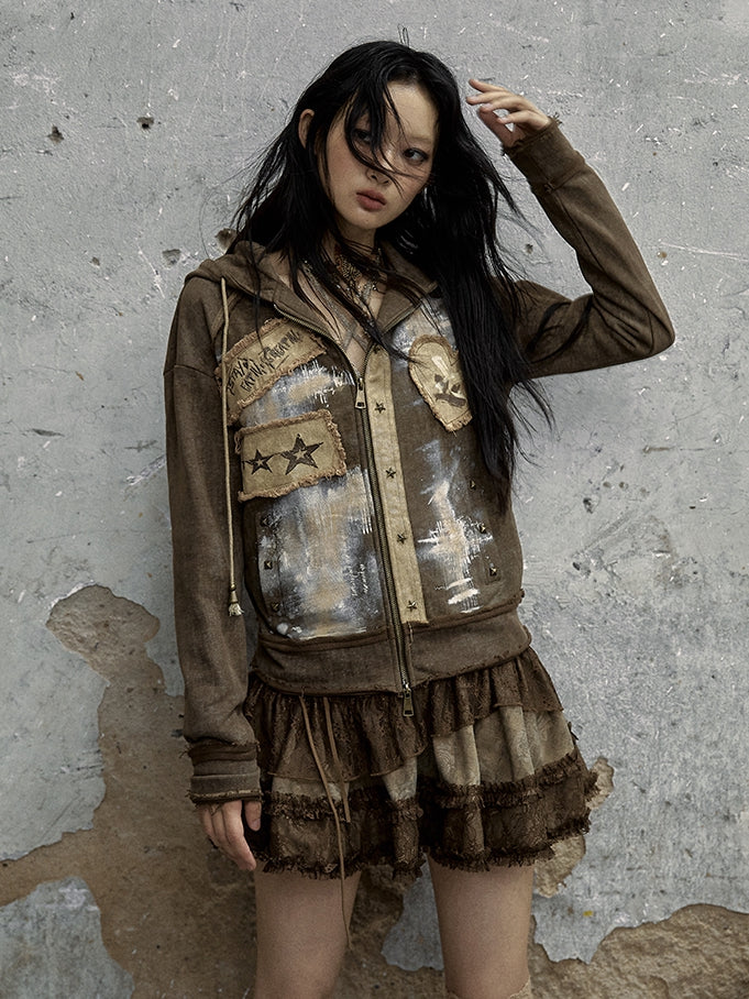 Sweetheart Applique Brown Gothic Punk Distressed Zip Hoodie with Studs