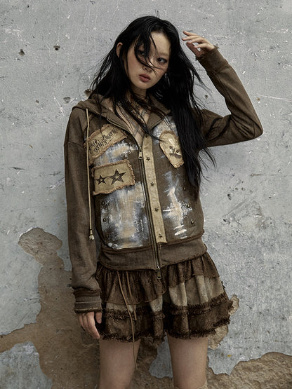 Sweetheart Applique Brown Gothic Punk Distressed Zip Hoodie with Studs