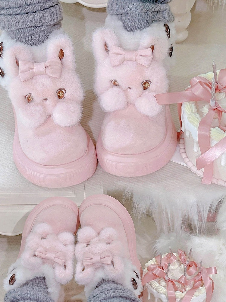 Plush Bunny Embellishments & Fleece Lining Pink Winter Boots in Sweet Lolita