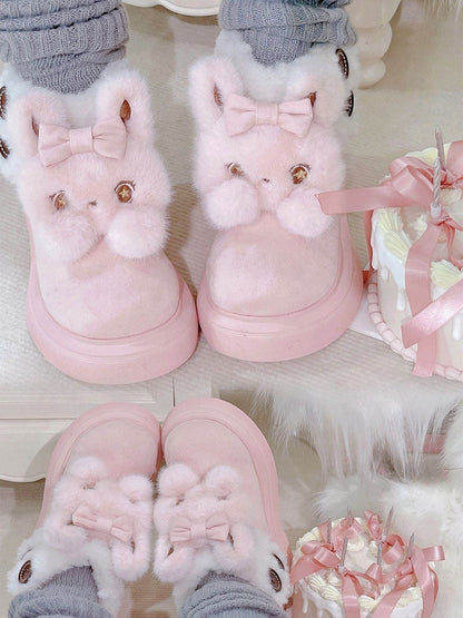 Plush Bunny Embellishments & Fleece Lining Pink Winter Boots in Sweet Lolita