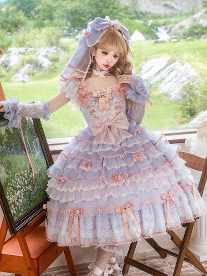 Purple and Pink Hime Lolita Bow Accents Tiered Skirt Princess Dress