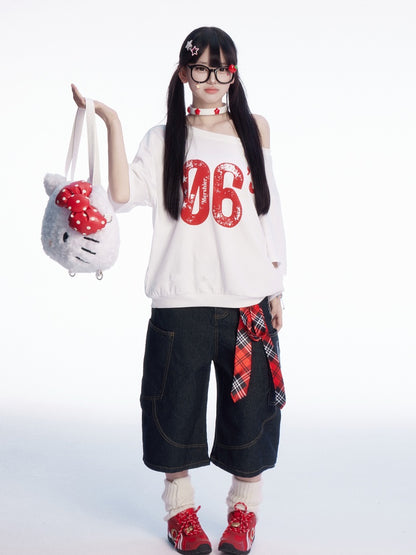 Vintage Number Print White Asymmetrical Neckline T-shirt