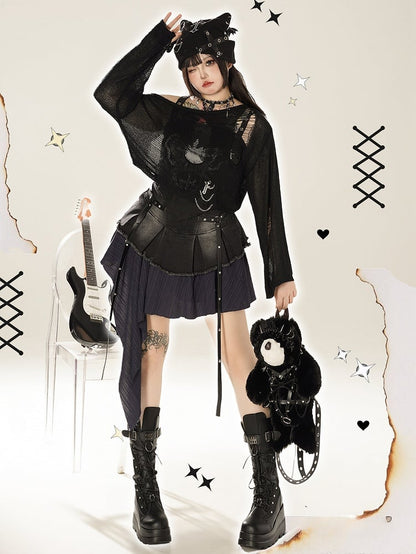 Plus Size PU Straps Decorated Y2K Black Asymmetrical Tiered Skirt