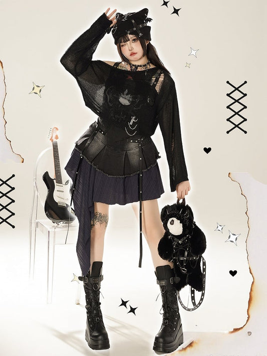 Plus Size PU Straps Decorated Y2K Black Asymmetrical Tiered Skirt