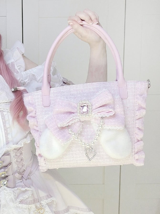 Pink Elegant Lolita Shoulder/Crossbody/Handbag - Plush Bunny Ear Bow, Rhinestone Heart & Beaded Chain Charm