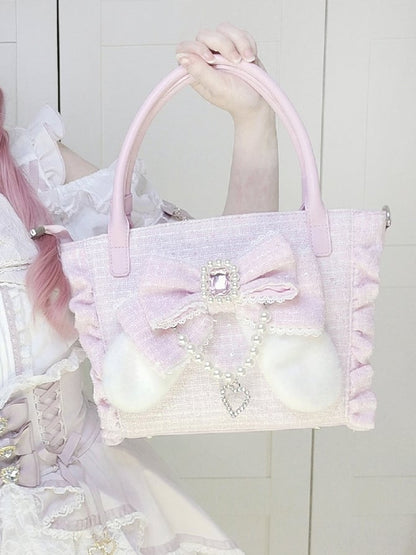 Pink Elegant Lolita Shoulder/Crossbody/Handbag - Plush Bunny Ear Bow, Rhinestone Heart & Beaded Chain Charm