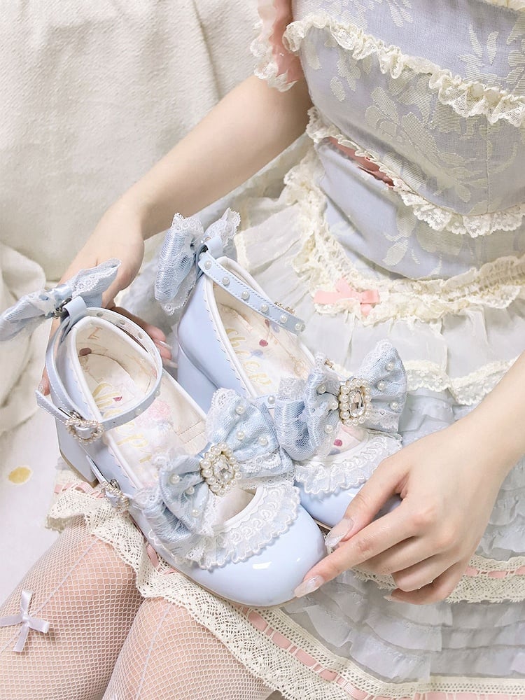 Polished Blue Detachable Rhinestone And Beaded Decorated Bowknot Lace Trim 4.5CM Block Heels Shoes