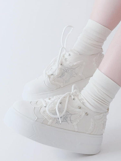 White Y2K Star Applique Platform Sneakers