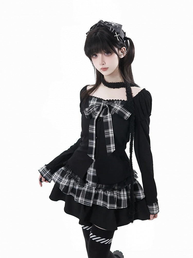Subculture Fashion Black Faux Two-Piece Top with Plaid Bowknot and Lace Trim