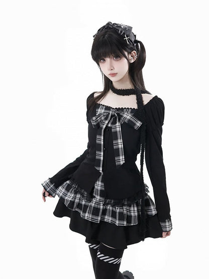 Black Plaid Tiered Skirt with Lace Trim