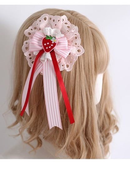 Pink Sweet Lolita Strawberry Applique Striped Pattern Bowknot Hairclip