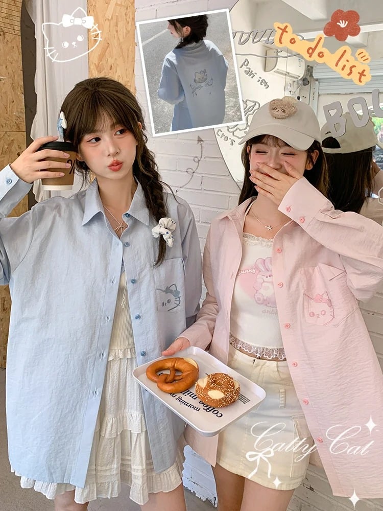Kitty Embroidery on Pocket Kitty-shaped Cutout Detail Back Blue/Pink Loose Shirt