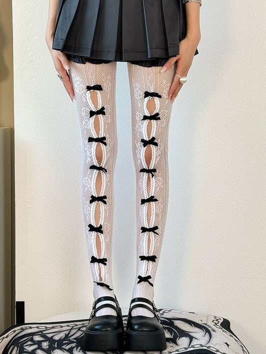 4 Color Options Y2K Bowknot Details Cut-out Design Tights