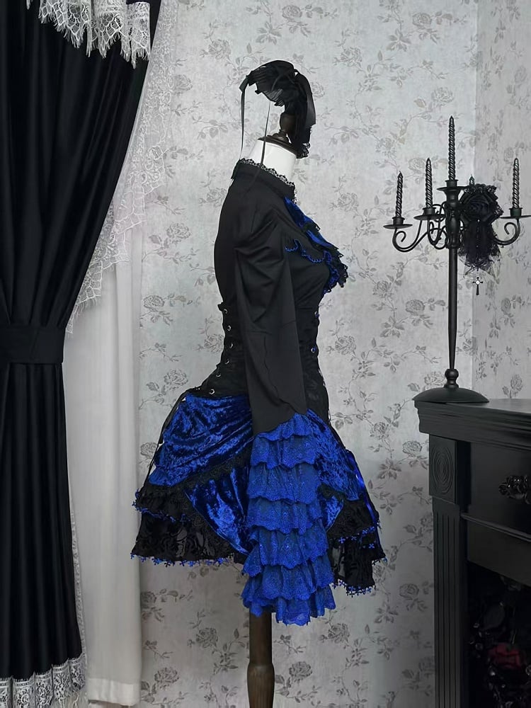 Black and Klein Blue Layered Bell Sleeves Gothic Lolita Shirt