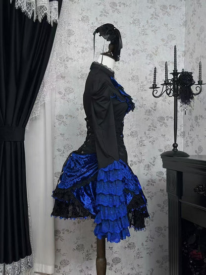 Black and Klein Blue Layered Bell Sleeves Gothic Lolita Shirt