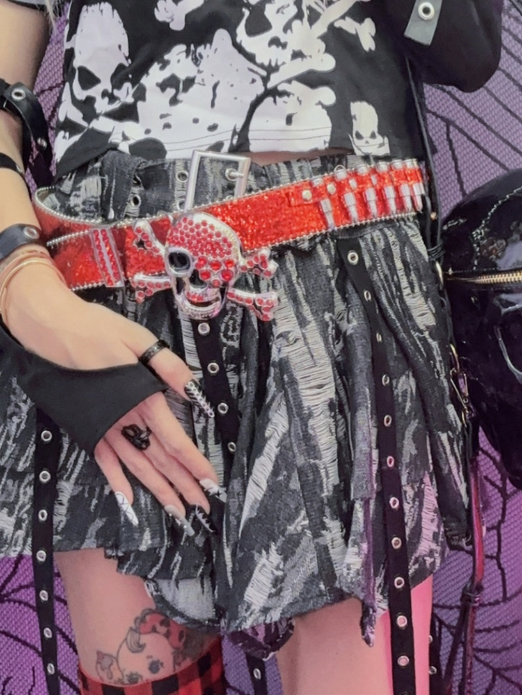 Y2K Glittering Rhinestones Punk Skull Bullets Waist Belt Black/Red/Blue/Gold