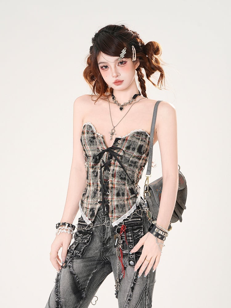 Brown/Blue Leopard and Plaid Pattern Lace-up Front Lace Trim Strapless Top