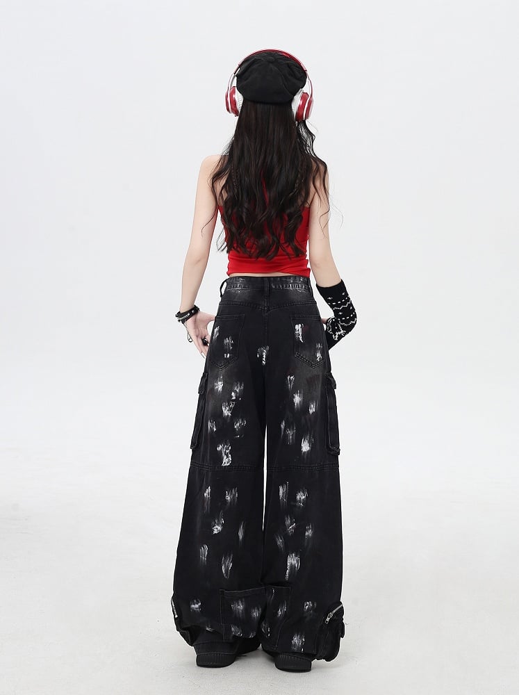 Black/Light Blue Low Rise Spray Paint Print Wide-leg Cargo Jeans