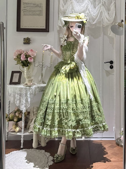 Green Classic Lolita Boned Basque Waist Top + Oil Painting Print Overlay Skirt