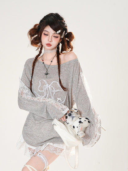 Cherry Embroidery Lace Patches Sleeves Gray Round Neck Coverup