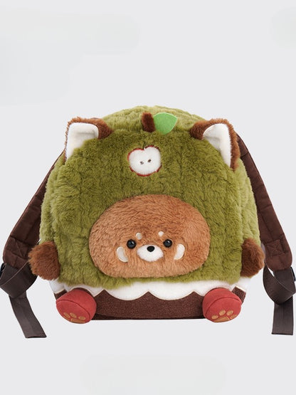 Brown&Green Apple Design Cute Plush Red Panda Backpack Middle/Large Size