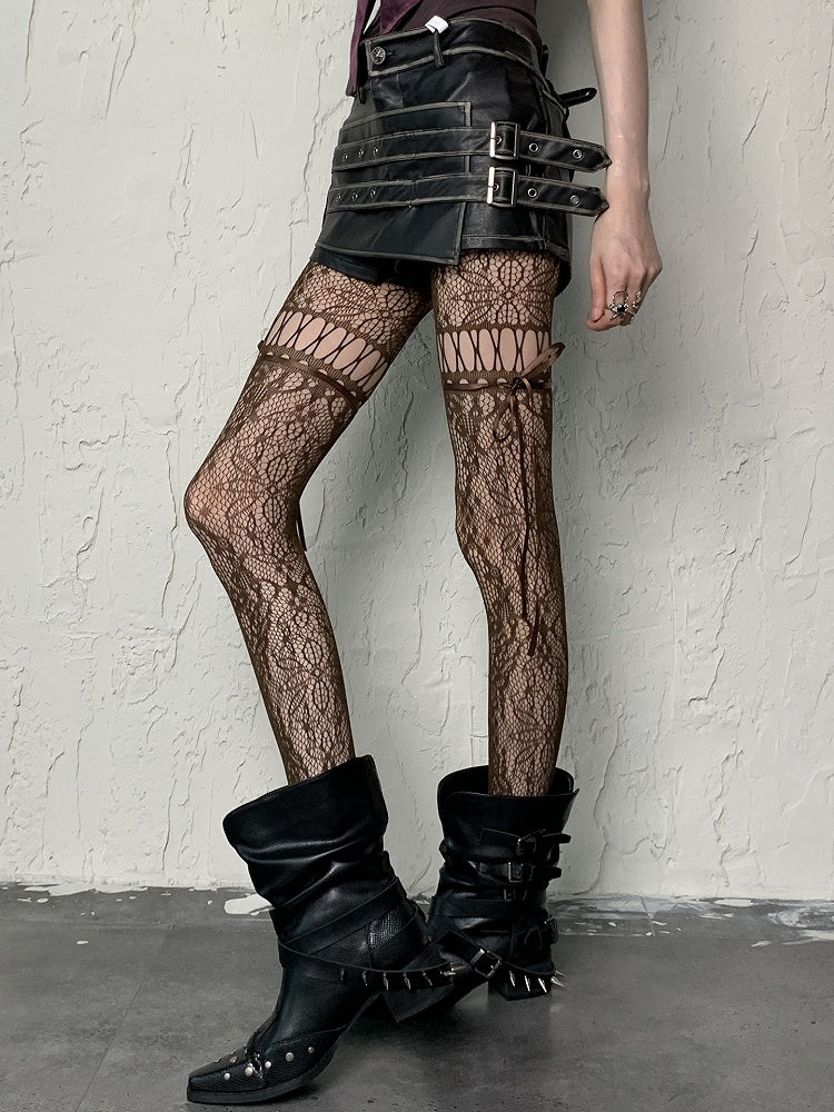 Coffee/Gray/Black/White/Purple/Blue Y2K Floral Pattern Self-tie Straps Cut-out Design Tights