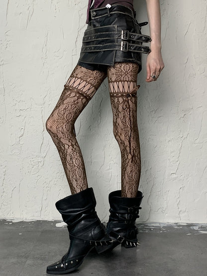 Coffee/Gray/Black/White/Purple/Blue Y2K Floral Pattern Self-tie Straps Cut-out Design Tights