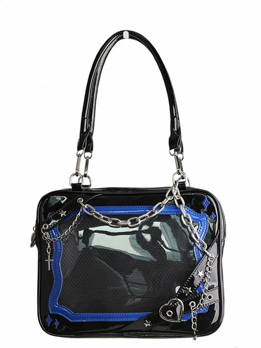 Black & Dark Blue Crisscross Strap Ita Shoulder Bag with Cross Charm Chain