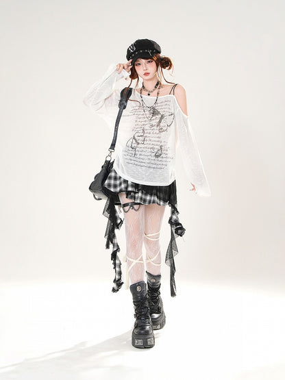 Butterfly Print Asymmetrical Neckline Khaki/White Semi-sheer Coverup