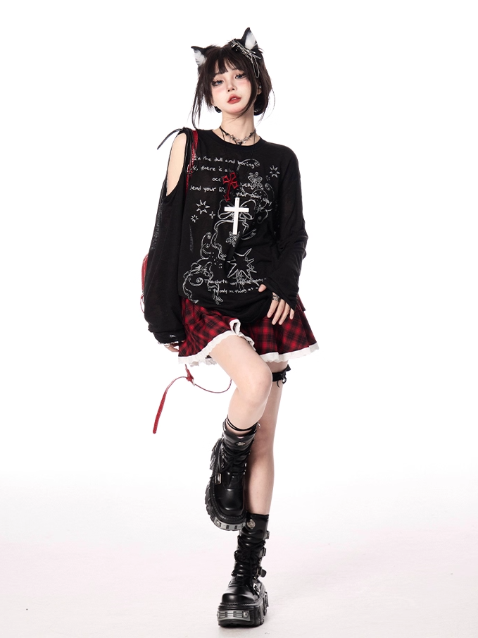 Red and Black Plaid Tiered Skirt