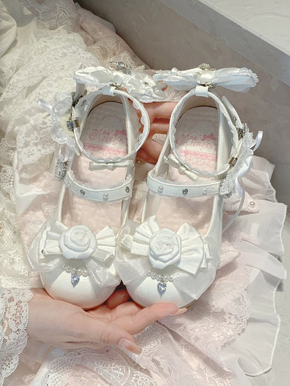 Elegant White Lolita Wedge Mary Janes - Detachable Rose Details with Bow Accents & Beads Decor