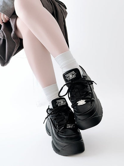 PU Mattend Black Jirai Kei Platform Sneakers with Lace-Up Design