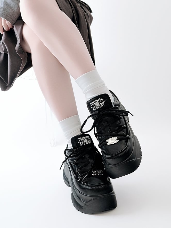 PU Mattend Black Jirai Kei Platform Sneakers with Lace-Up Design