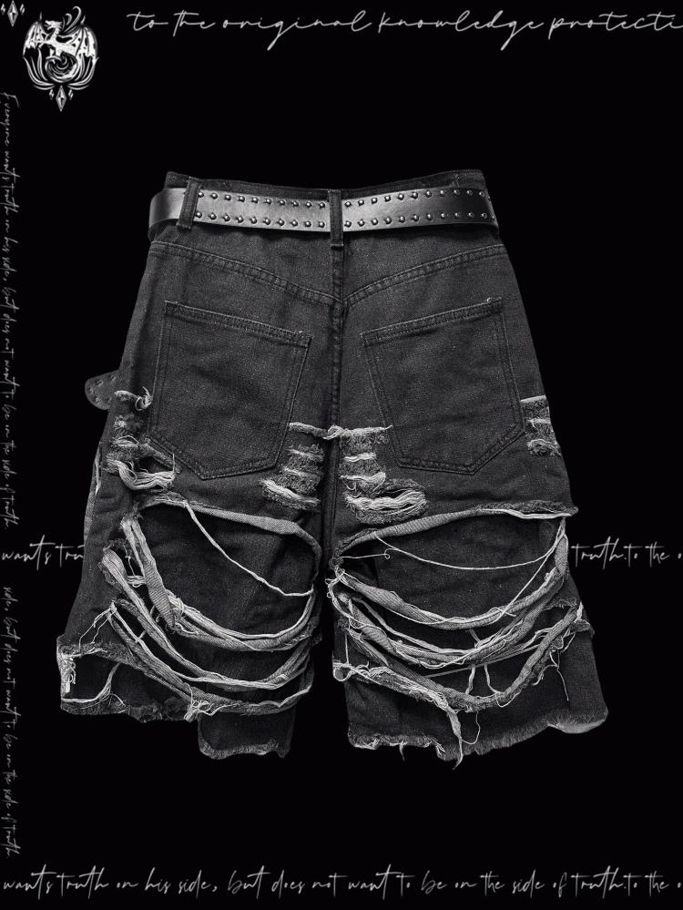 Dark Gray Cross Appliques Distressed Holes Y2K Glamorous Denim Shorts