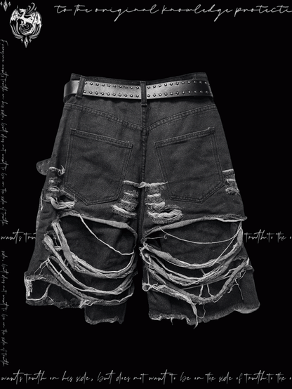 Dark Gray Cross Appliques Distressed Holes Y2K Glamorous Denim Shorts