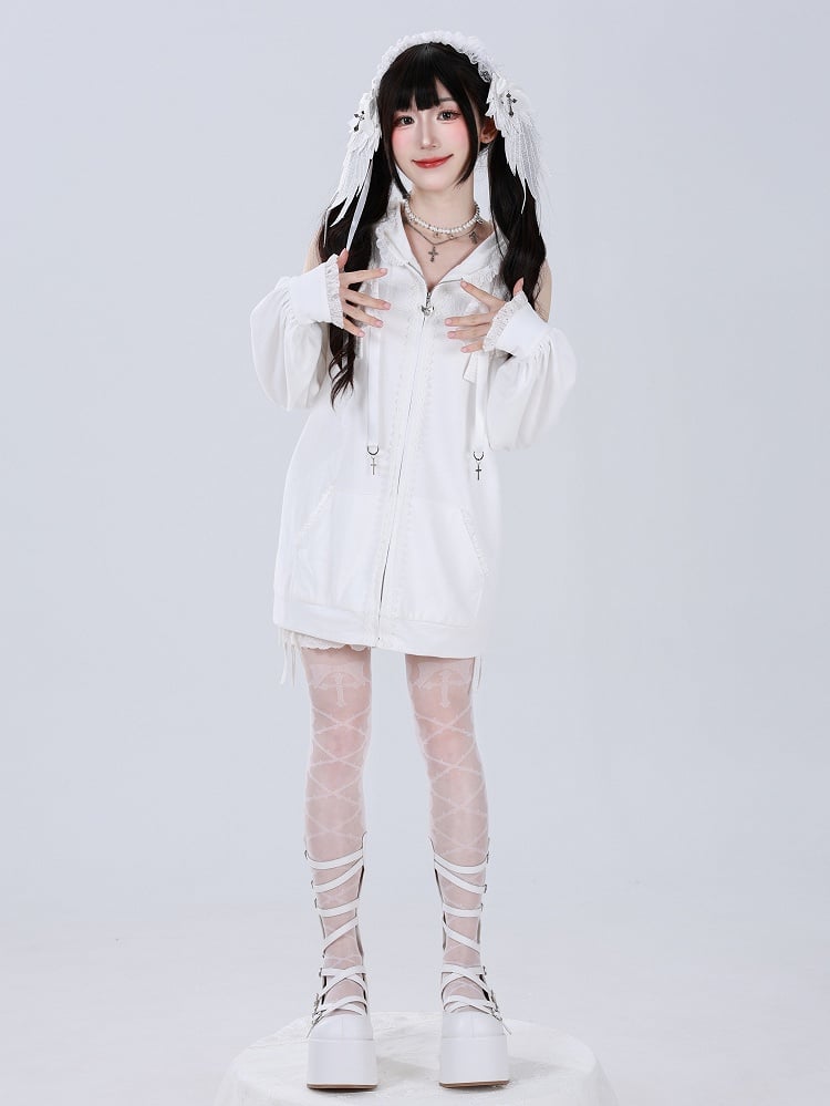 Gothic Charm Jirai Kei Hoodie with Lace and Cross Details