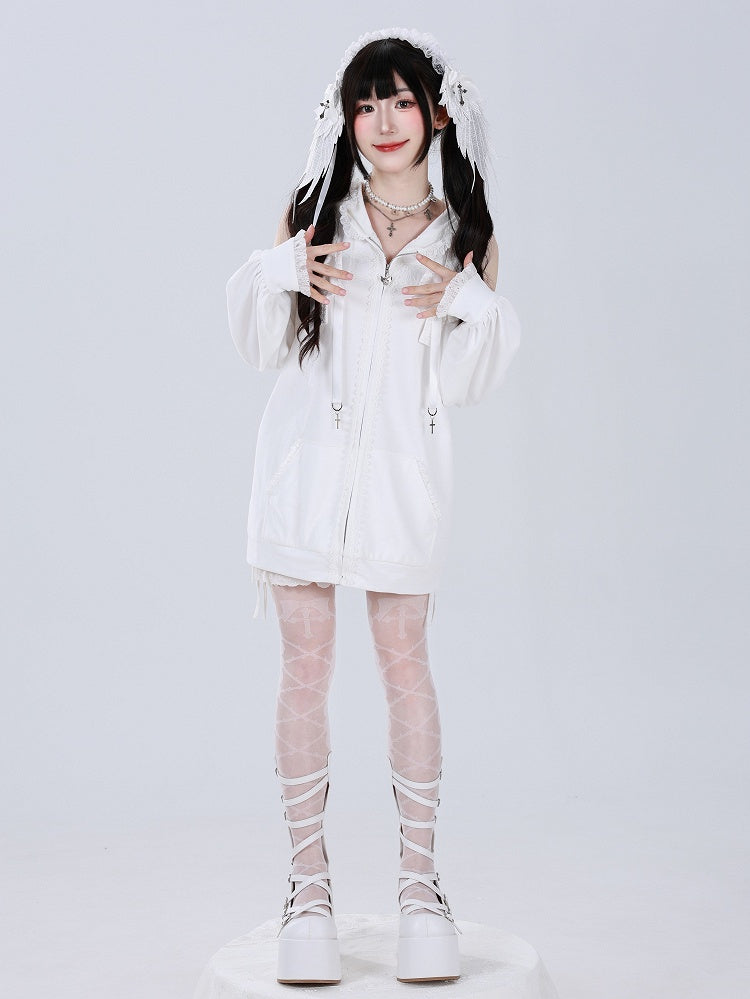Gothic Charm Jirai Kei Hoodie with Lace and Cross Details