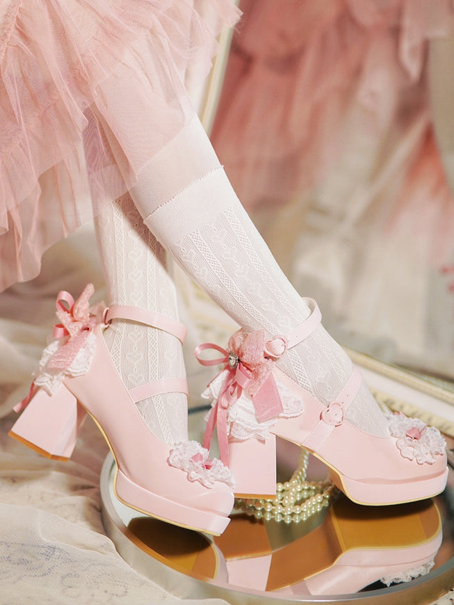 Pink Knotted Bow at Top Lace Trim Heart Buckles High Block Heels