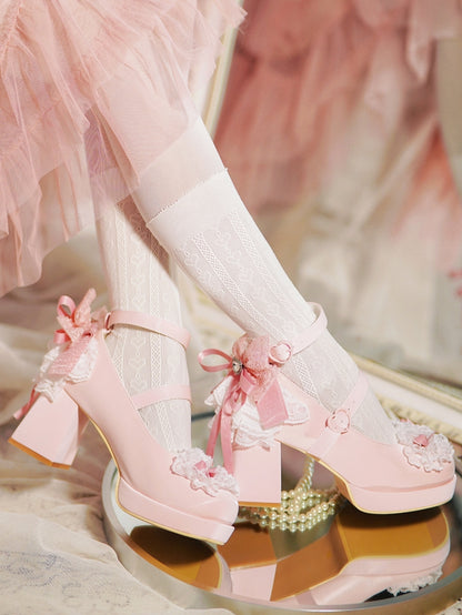 Pink Knotted Bow at Top Lace Trim Heart Buckles High Block Heels