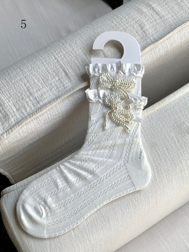 White Beaded Bowknot Decorated Lace Trim Socks