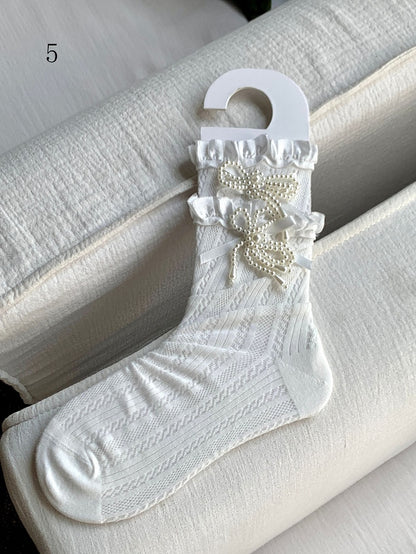 White Beaded Bowknot Decorated Lace Trim Socks