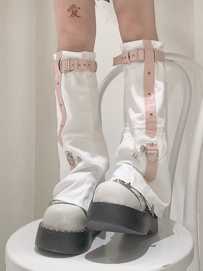 White Punk Buckles Decorated Pin Details Leg Warmers
