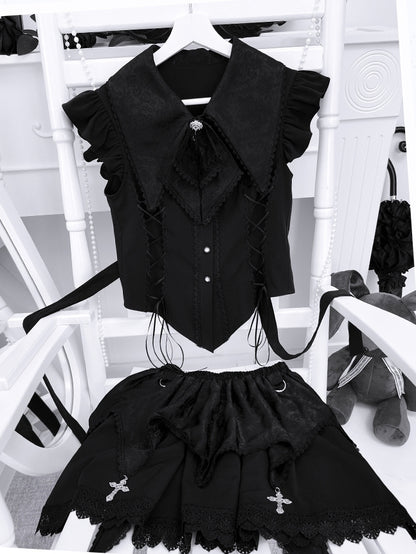 Pointed Flat Collar Flutter Sleeves Sleeveless Top with Cross Embellished Skirt Black Gothic Set