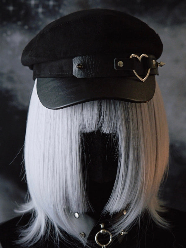 Black Gothic Heart Ring Studs Details Beret Hat