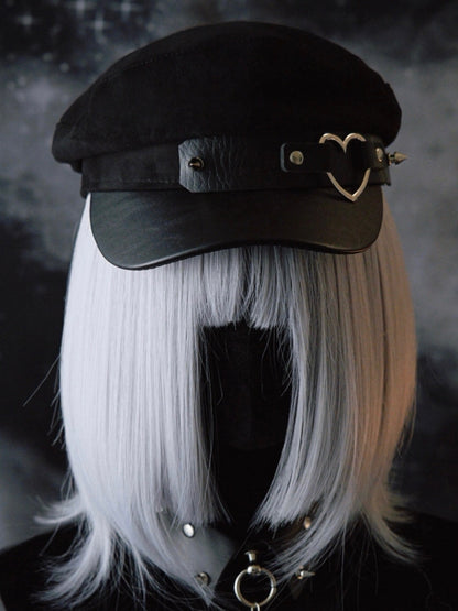 Black Gothic Heart Ring Studs Details Beret Hat