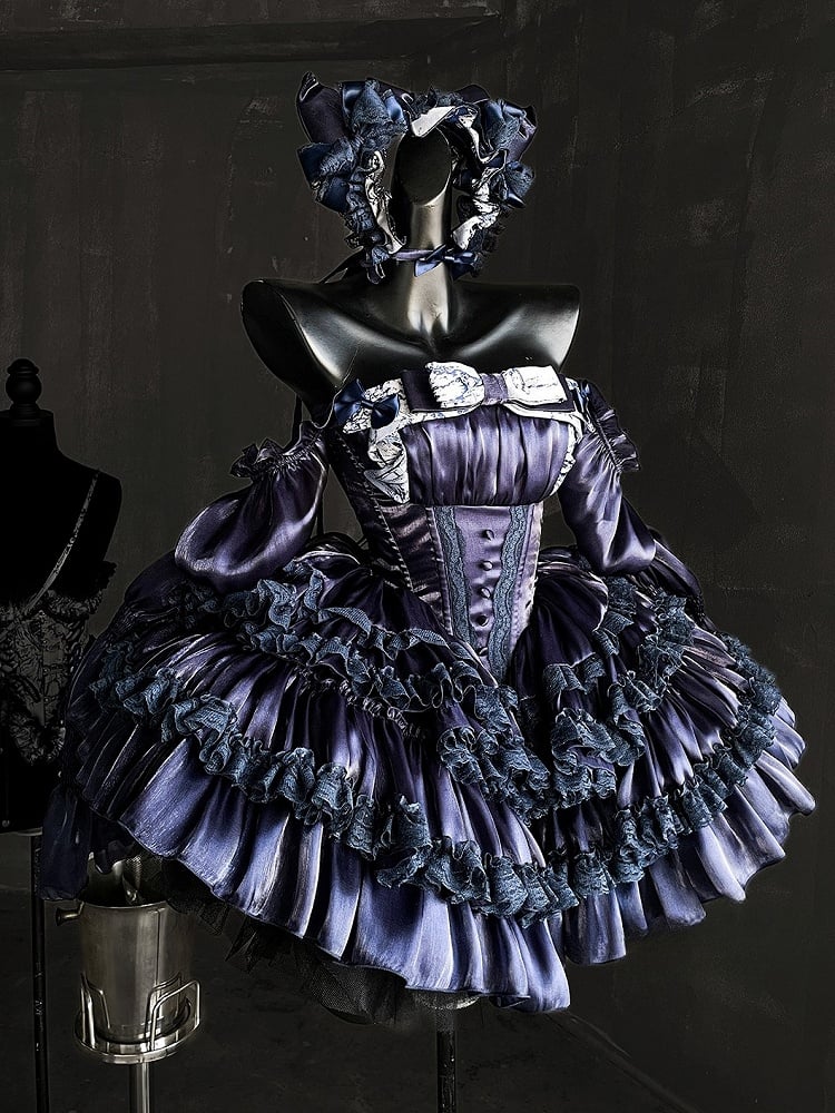Dark Blue Basque Waist Tiered Sweet Lolita Balletcore Dress with Lace Accents
