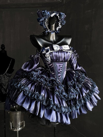 Dark Blue Basque Waist Tiered Sweet Lolita Balletcore Dress with Lace Accents