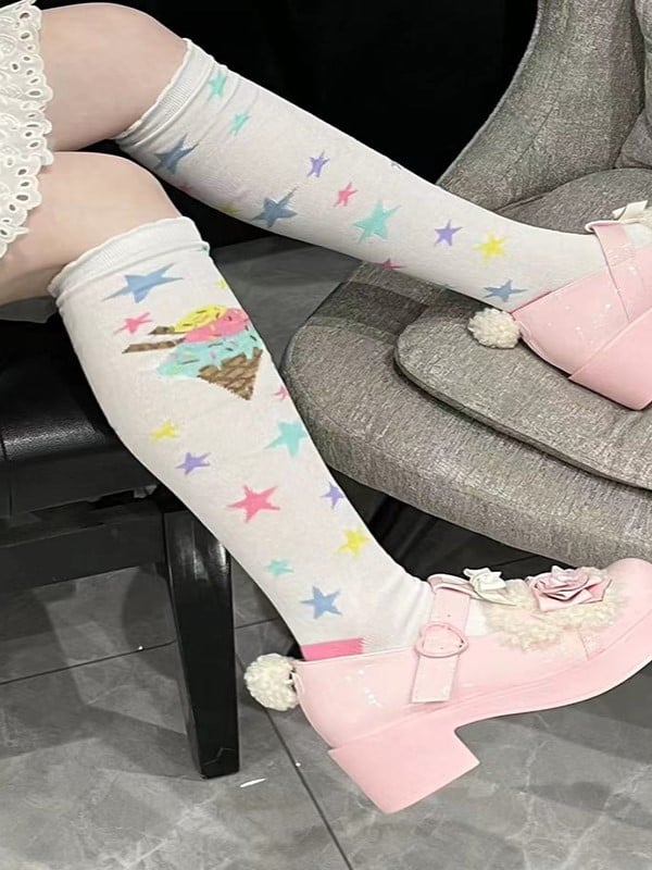 Pink/Blue/Purple/Yellow/White Lolita Ice Cream Star Print Design Calf Socks