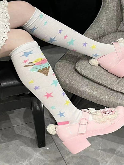 Pink/Blue/Purple/Yellow/White Lolita Ice Cream Star Print Design Calf Socks