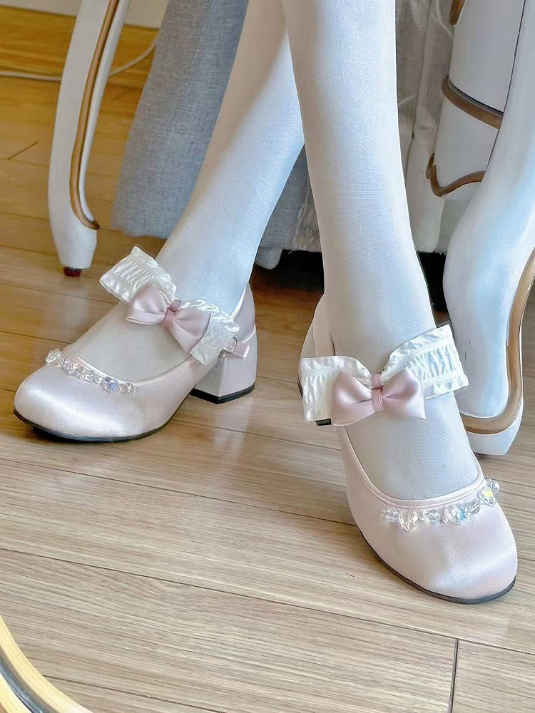 Bow Accents Light Pink Rhinestones Embellished Mary Janes